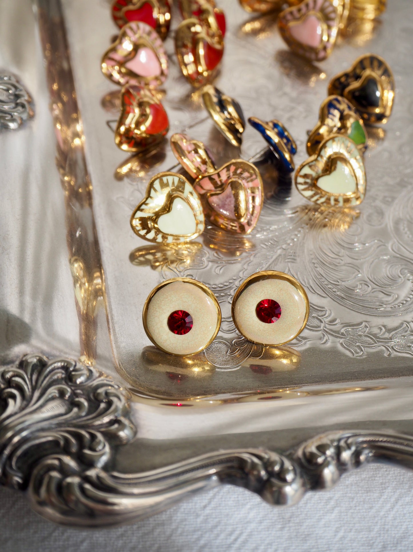 “Bigger Supernova” Sand Large Handmade Porcelain Studs with 24k Gold lustre rims and an Swarovskis Crystal