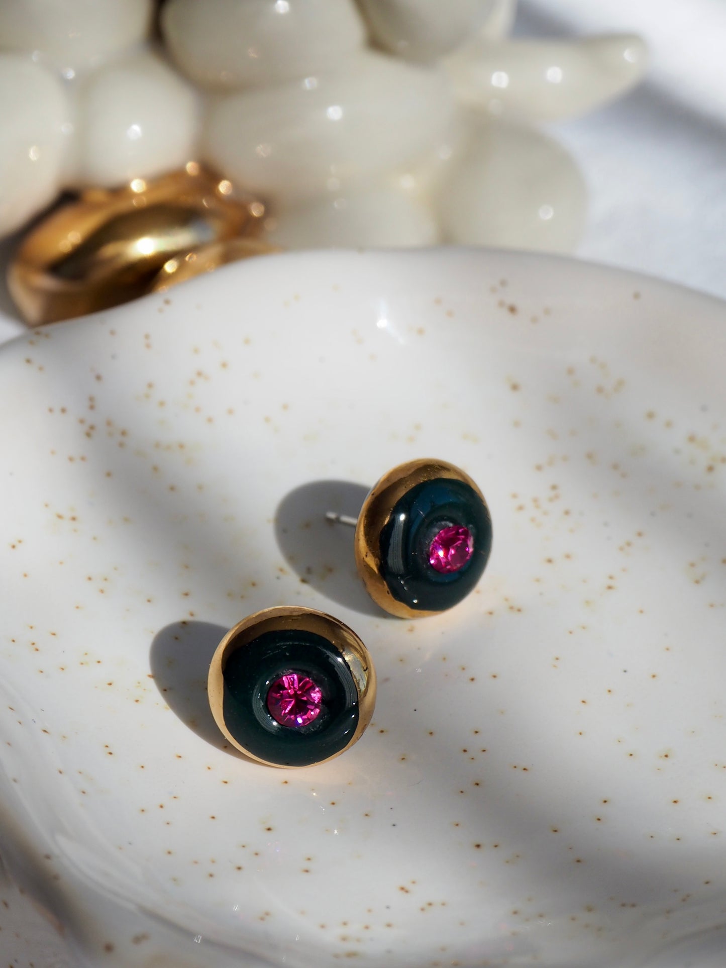 “Supernova” very Dark Green Small Handmade Porcelain Studs with 24k Gold lustre rims and Swarovskis Crystal
