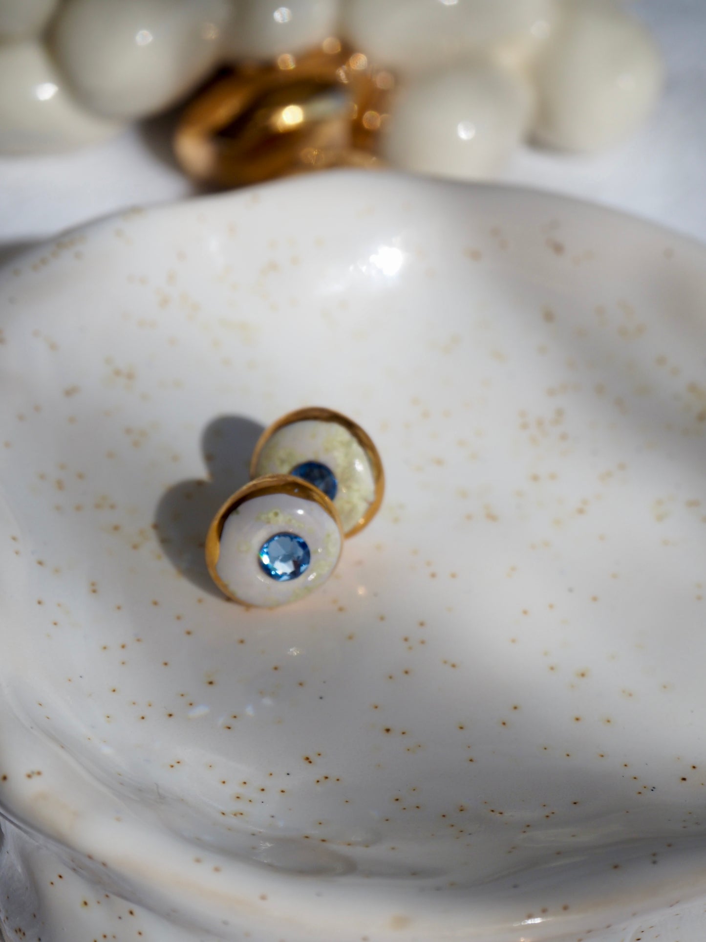 “Supernova” Cristal White  Small Handmade Porcelain Studs with 24k Gold lustre rims and Swarovskis Crystal