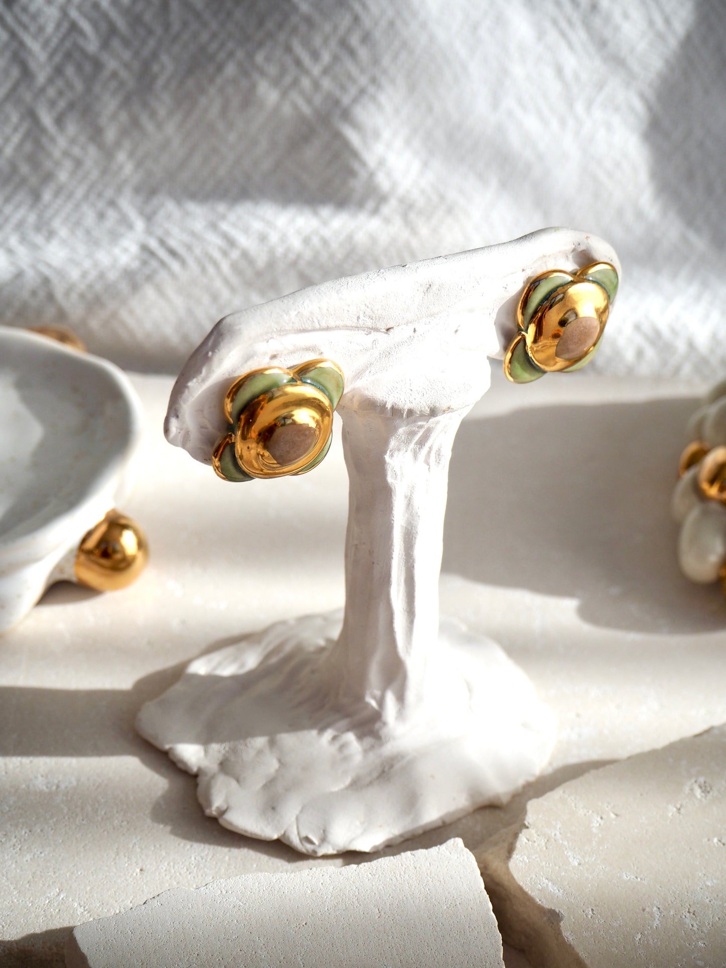 “il Quadrato’s Fiore” Large Handmade Porcelain Studs coloured with “Light Sage&Brown” glossy glazes with 24k Gold lustre details