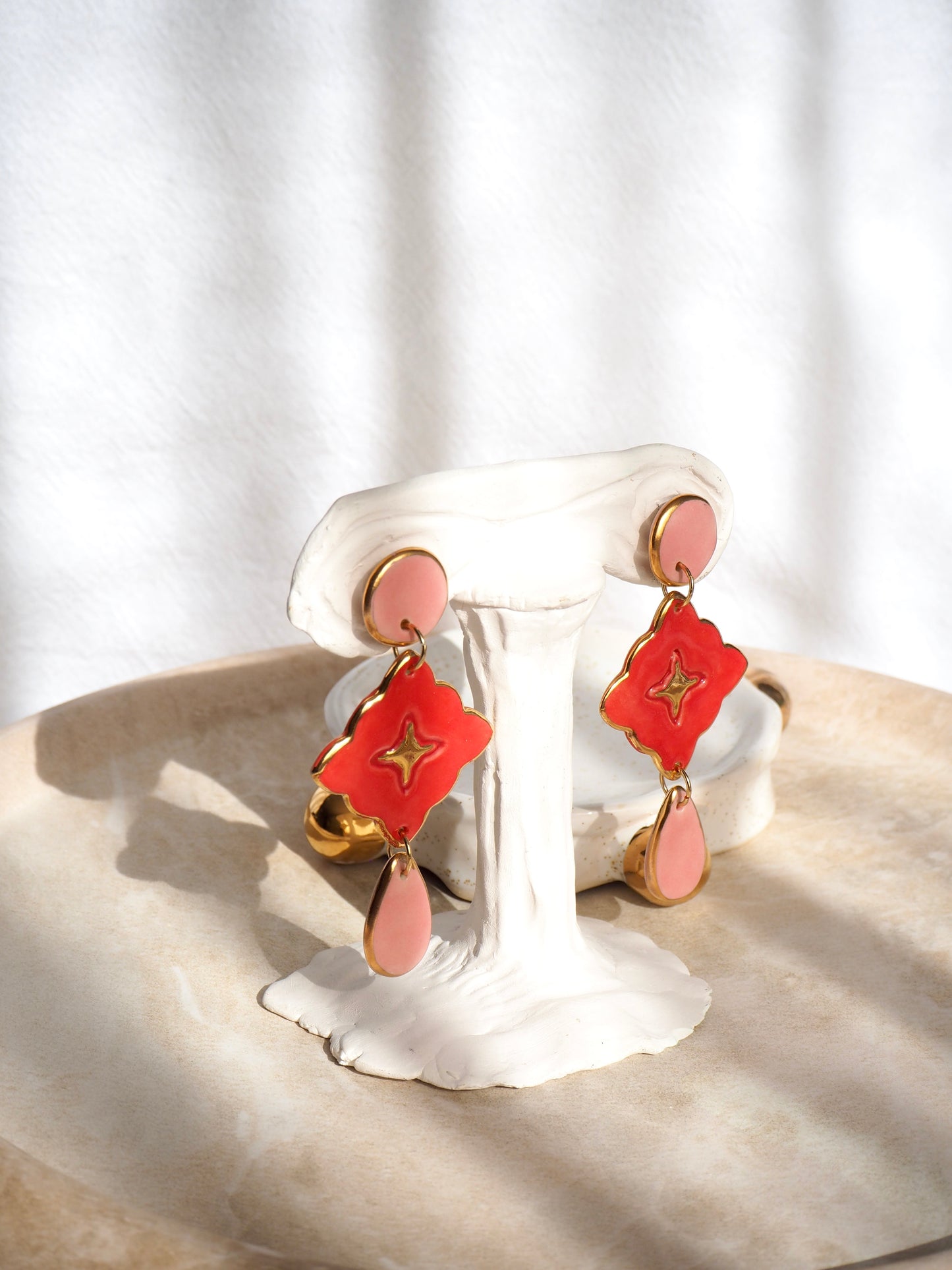 “A Feast for your Eyes” Handmade Porcelain Earrings in Cherry Red  coloured glaze with 24k gold lustre details.