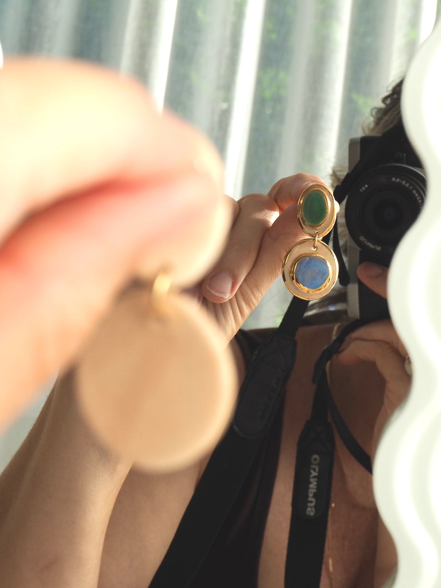 Femminilità Porcelain Earrings in Green and Blue coloured glossy glaze on Parchment underglaze with 24k Gold lustre textured rims