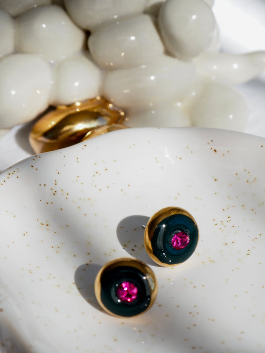 “Supernova” very Dark Green Small Handmade Porcelain Studs with 24k Gold lustre rims and Swarovskis Crystal