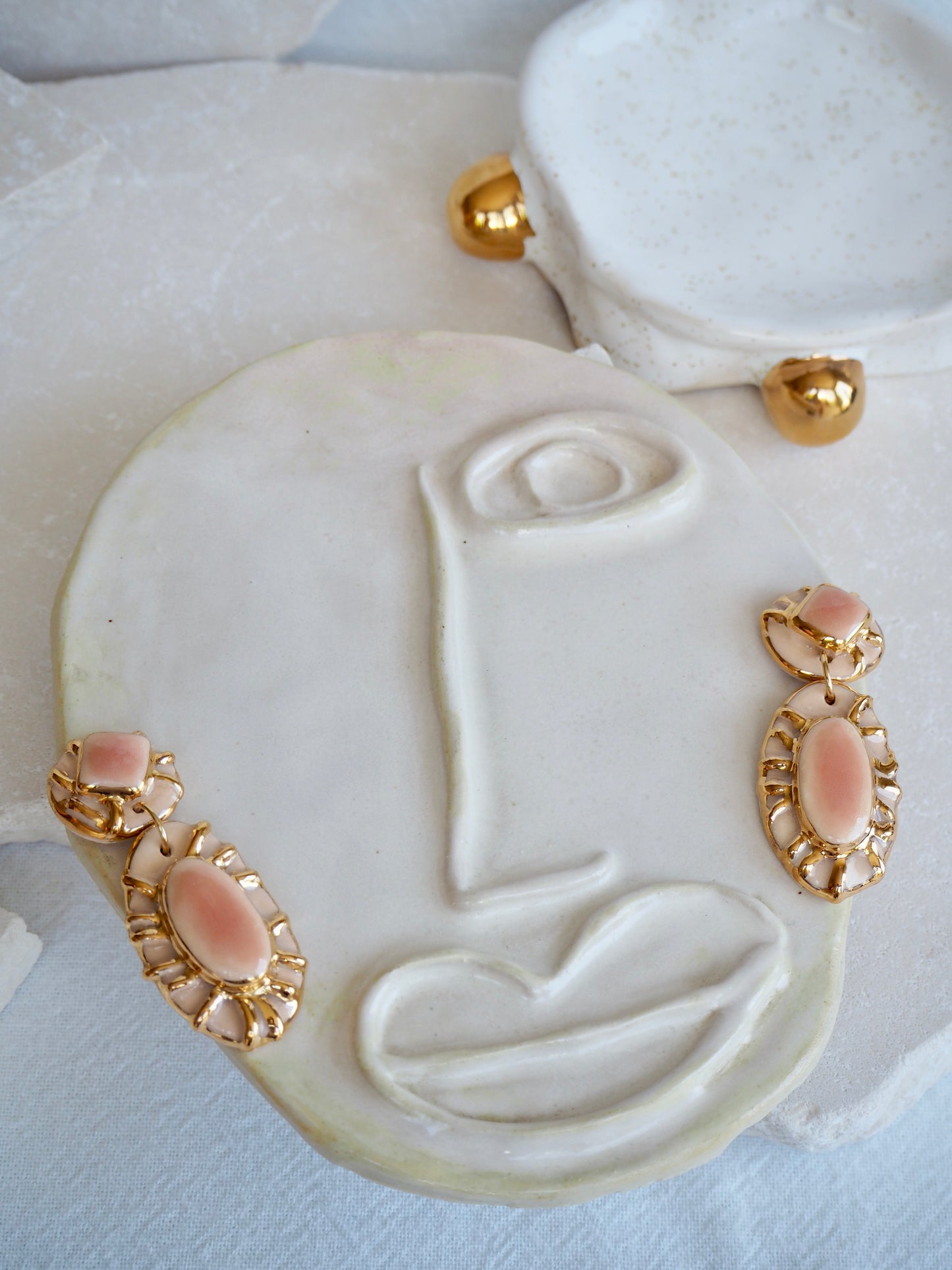 Pietra Collection handmade Porcelain Earrings coloured with Pale Peach glossy glaze with 24k gold lustre details