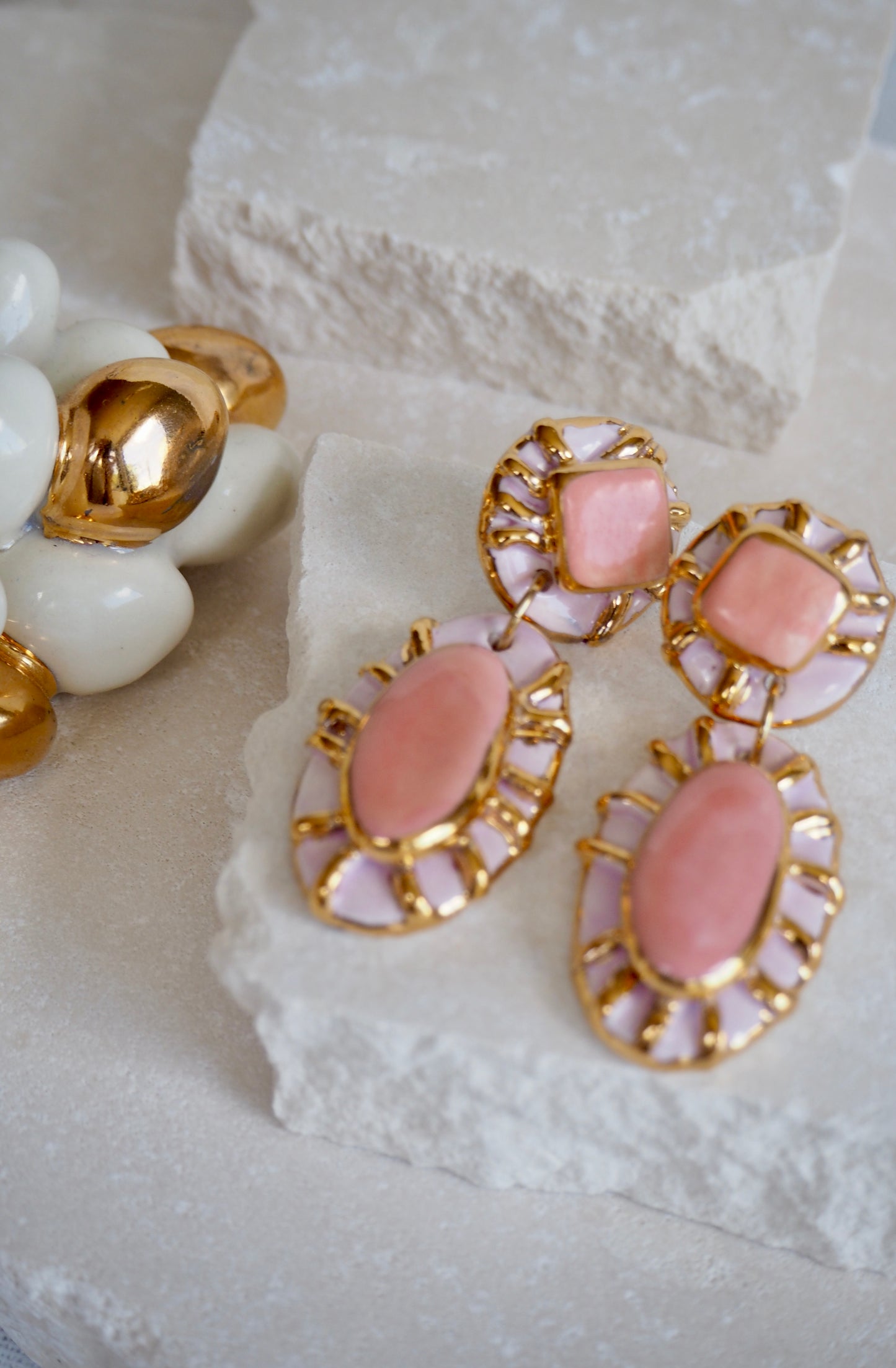 Pietra Collection handmade Porcelain Earrings coloured with Bubble Gum light Pink glossy glaze with 24k gold lustre details