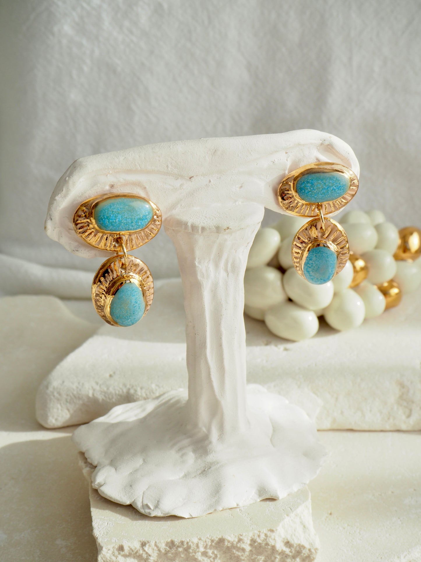 Whitehaven “Anima” Handmade Porcelain Earrings with Parchment underglaze and Sea Blue glaze with 24k gold lustre rays