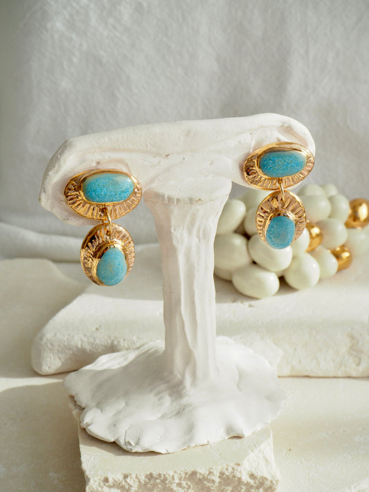Whitehaven “Anima” Handmade Porcelain Earrings with Parchment underglaze and Sea Blue glaze with 24k gold lustre rays
