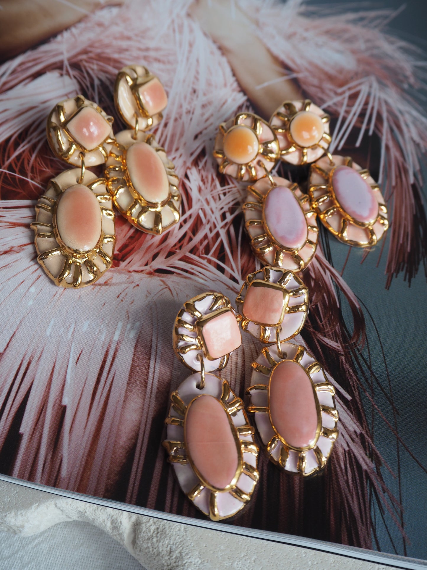 Pietra Collection handmade Porcelain Earrings coloured with Bubble Gum light Pink glossy glaze with 24k gold lustre details