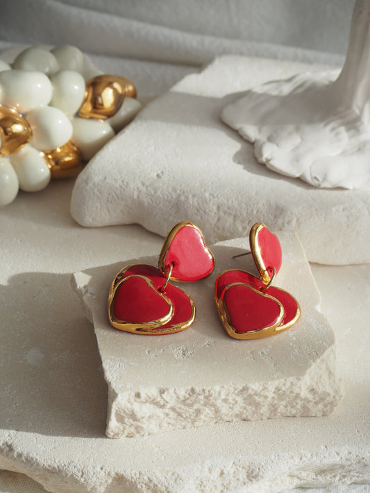 Handmade Porcelain Heart Earrings coloured with Glossy Red glaze with 24k Gold lustre rims