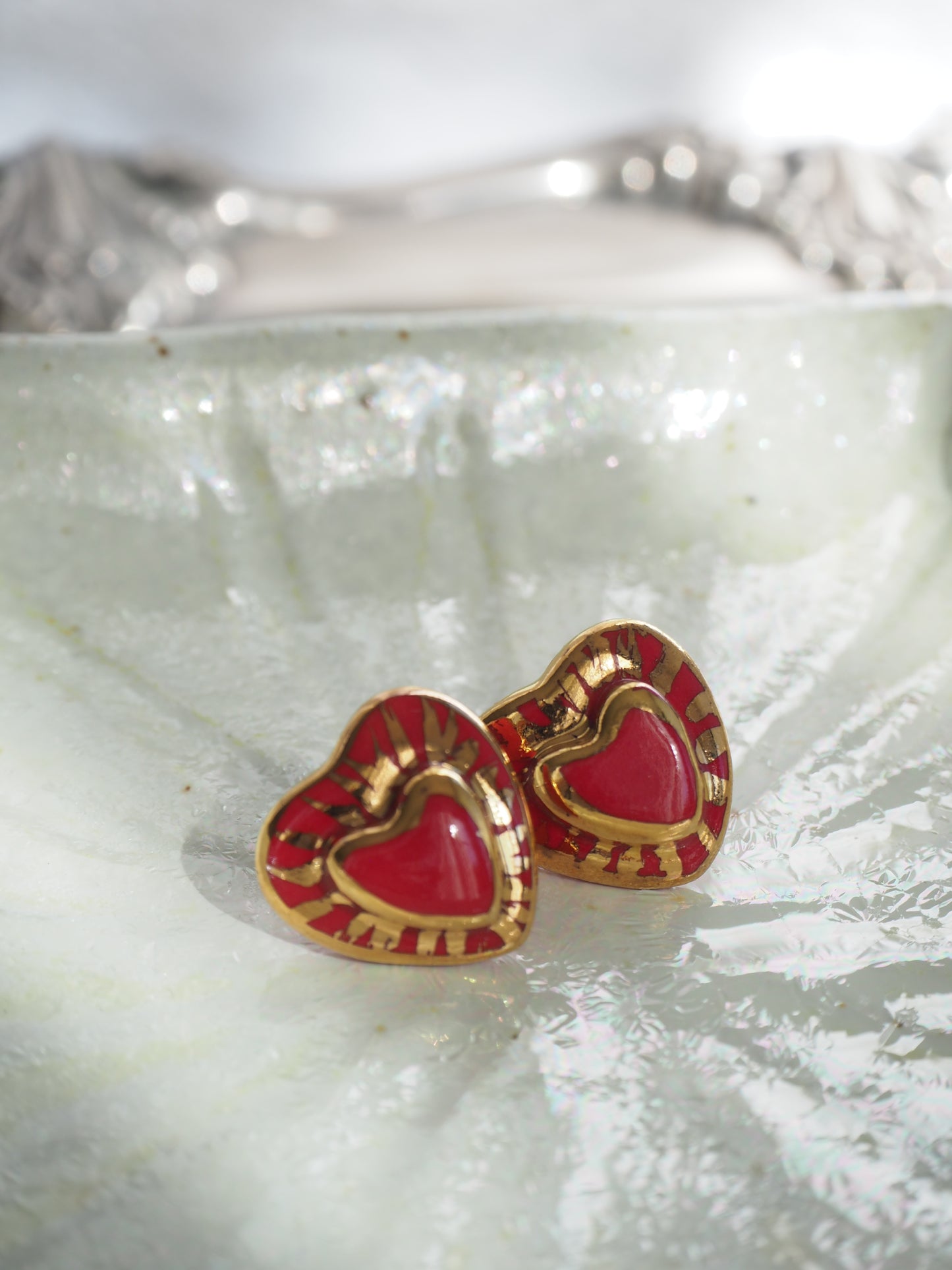 Small Handmade Porcelain Heart Stud coloured with “Bright Red” glossy glaze with 24k Gold lustre rays (Second Pair in Red)