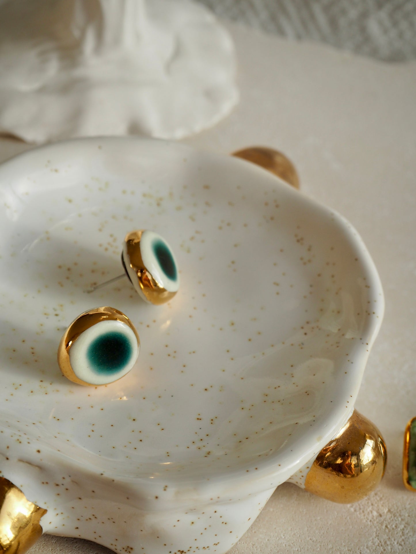 “il Quadrato’s Fontana” Small Handmade Porcelain Studs coloured with Italain Green glossy glaze with 24k Gold lustre details