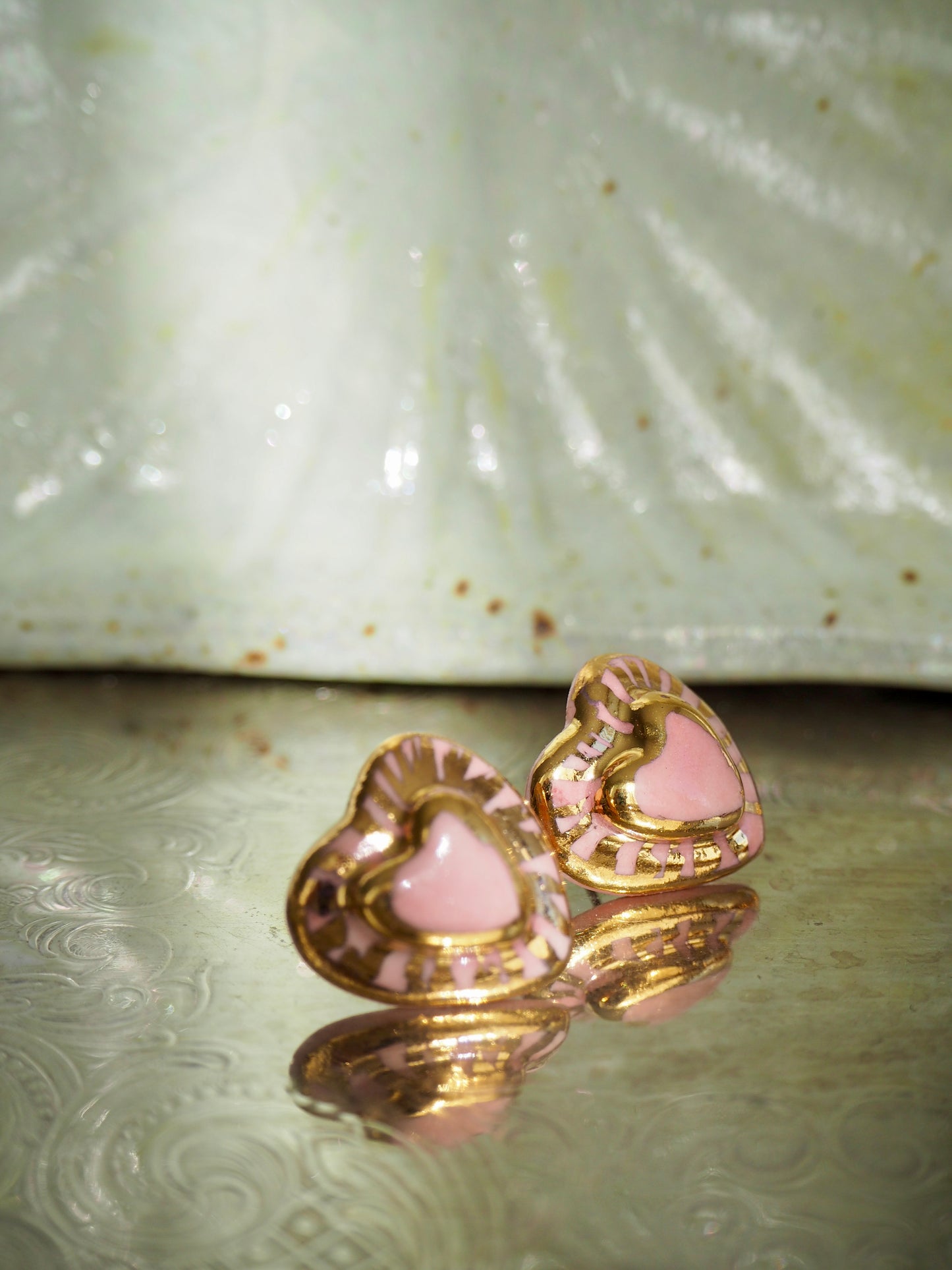 Small Handmade Porcelain Heart Stud coloured with “Light Pink” glossy glaze with 24k Gold lustre rays (Second Pair in Pink)