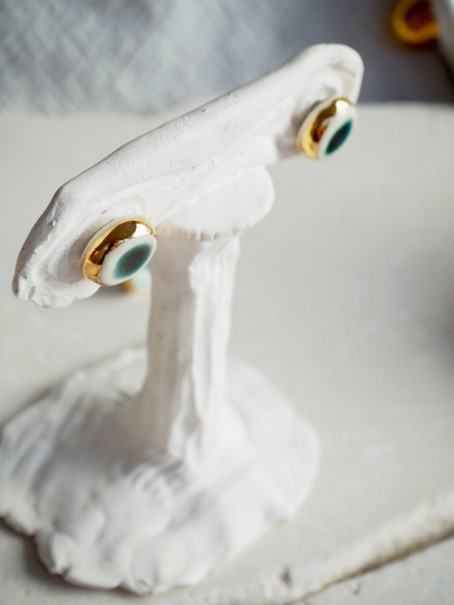 “il Quadrato’s Fontana” Small Handmade Porcelain Studs coloured with Italain Green glossy glaze with 24k Gold lustre details