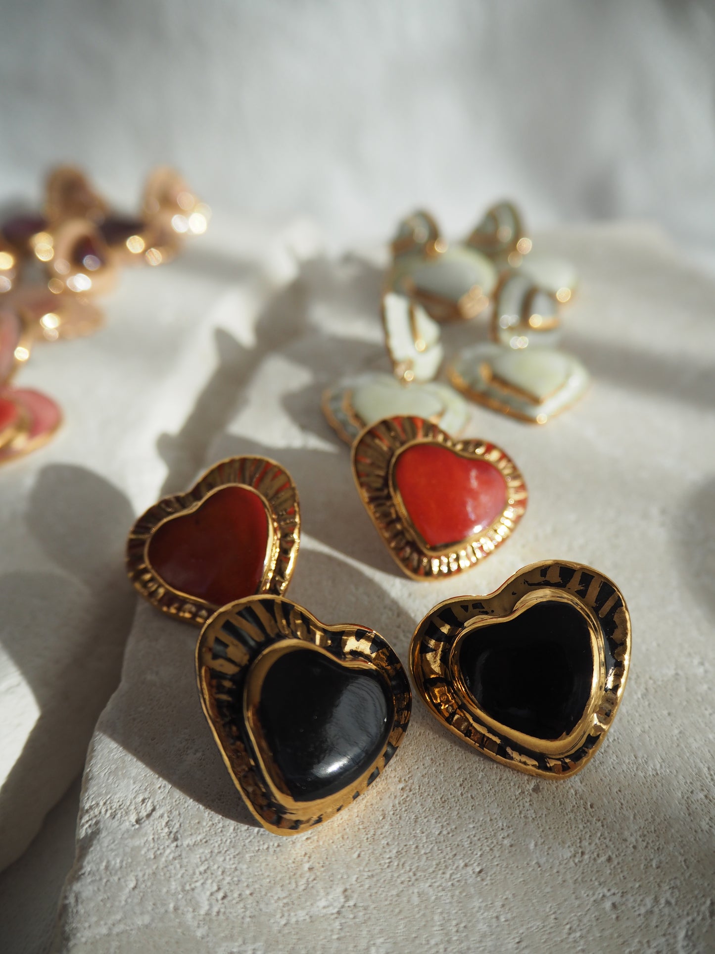 Large Handmade Porcelain Heart Stud Earrings coloured with “Black” glossy glaze & 24k Gold lustre details