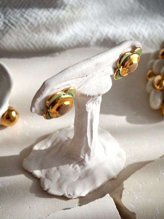 “il Quadrato’s Fiore” Large Handmade Porcelain Studs coloured with “Light Sage&Brown” glossy glazes with 24k Gold lustre details