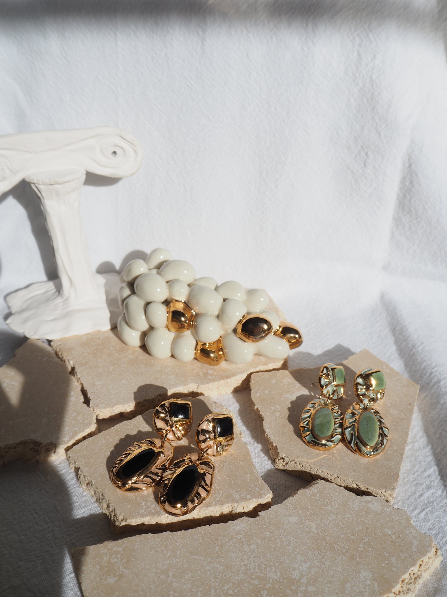 Pietra Collection handmade Porcelain Earrings coloured with black glossy glaze with 24k gold lustre details