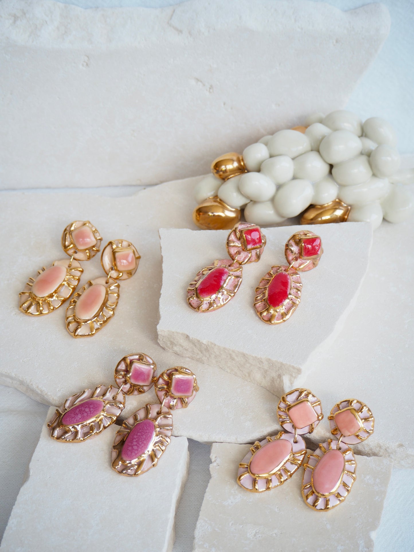 Pietra Collection handmade Porcelain Earrings coloured with Pale Peach glossy glaze with 24k gold lustre details