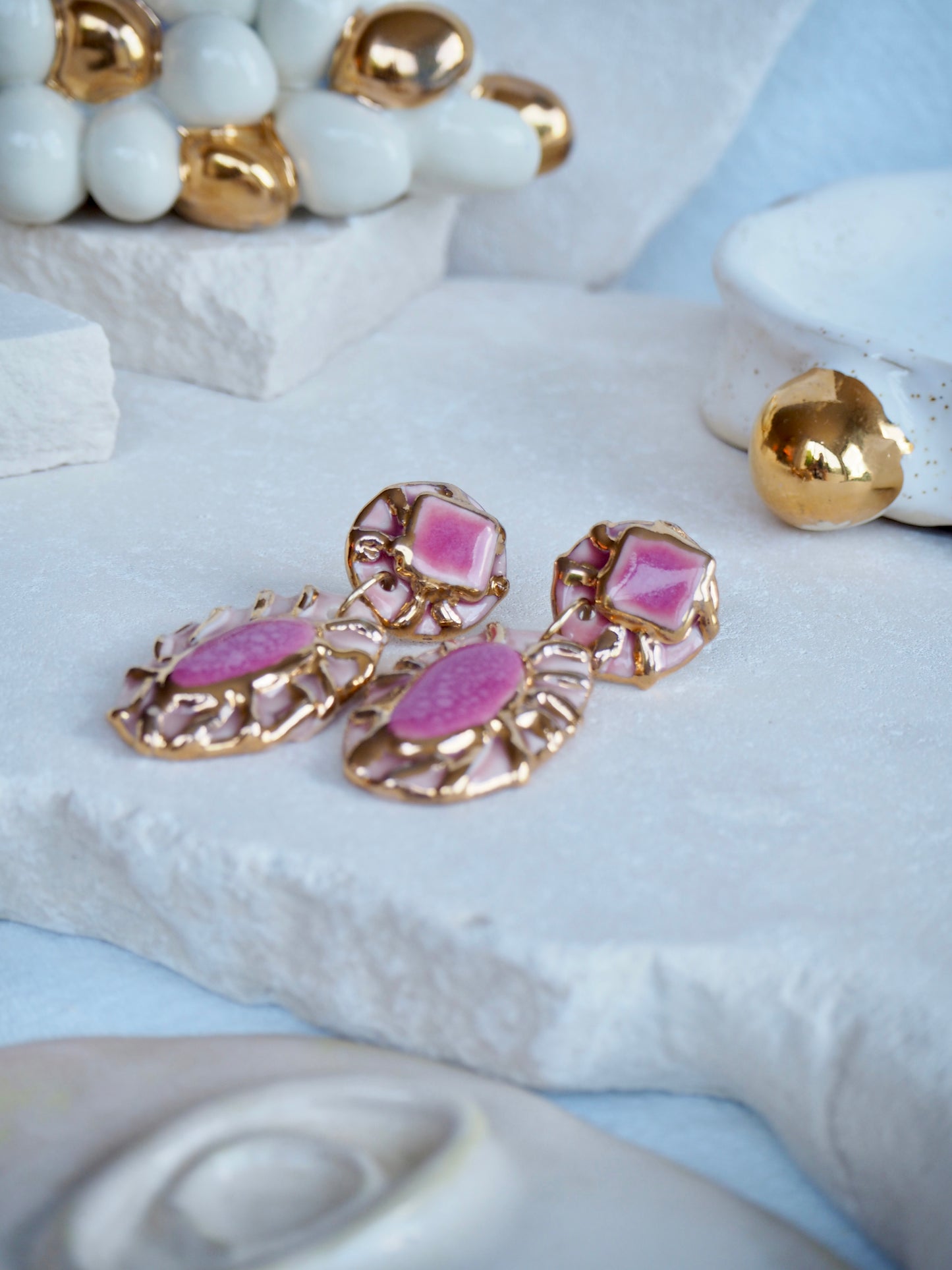 Pietra Collection handmade Porcelain Earrings coloured with Dark and Light Pink glossy glaze with 24k gold lustre details