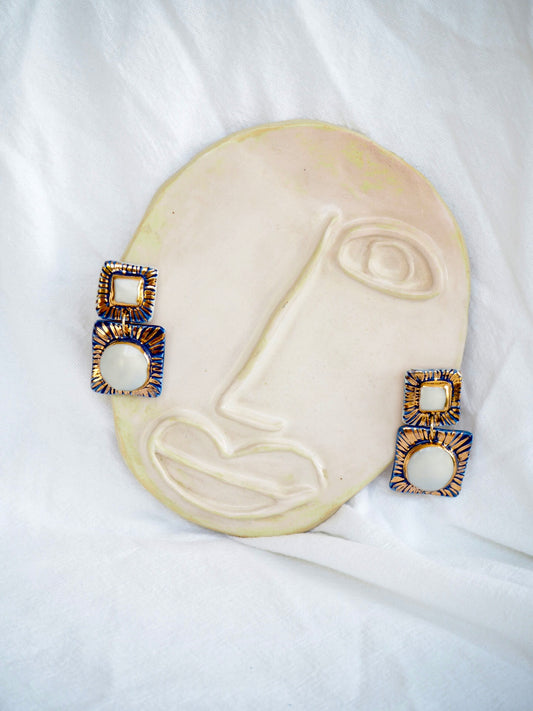 Sol Quadrado Blue and white Porcelain Earrings in “Royal Blue” ceramic stain under clear glaze for glossy look