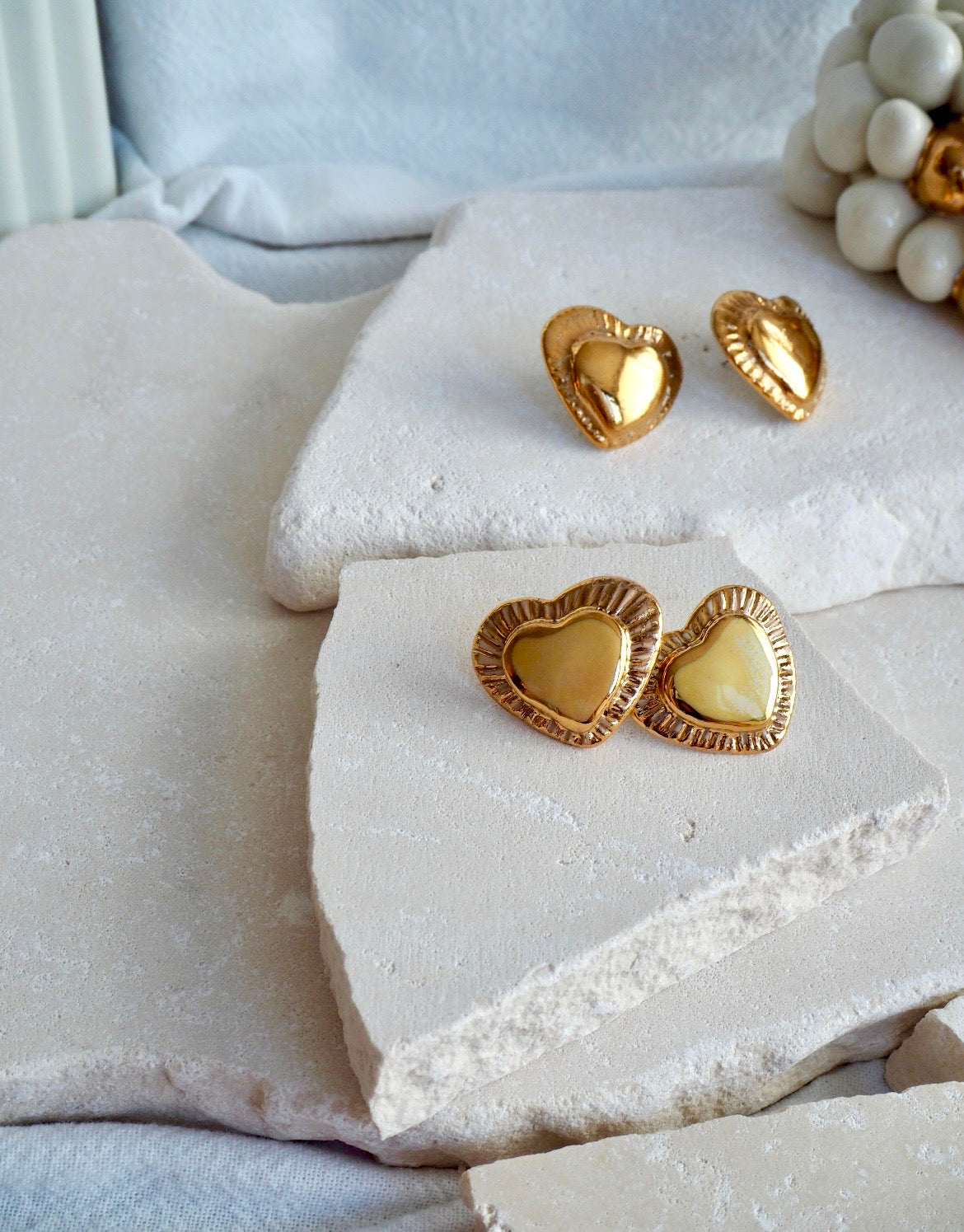 Large Handmade Porcelain Heart Stud Earrings coloured with Parchment and Light Yellow glossy glaze & 24k Gold lustre details
