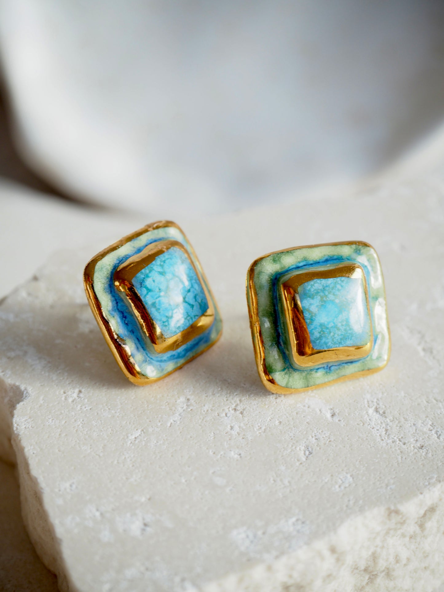 “il Quadrato” Small Handmade Porcelain Studs coloured with “Blues&Greens” glossy glazes with 24k Gold lustre details
