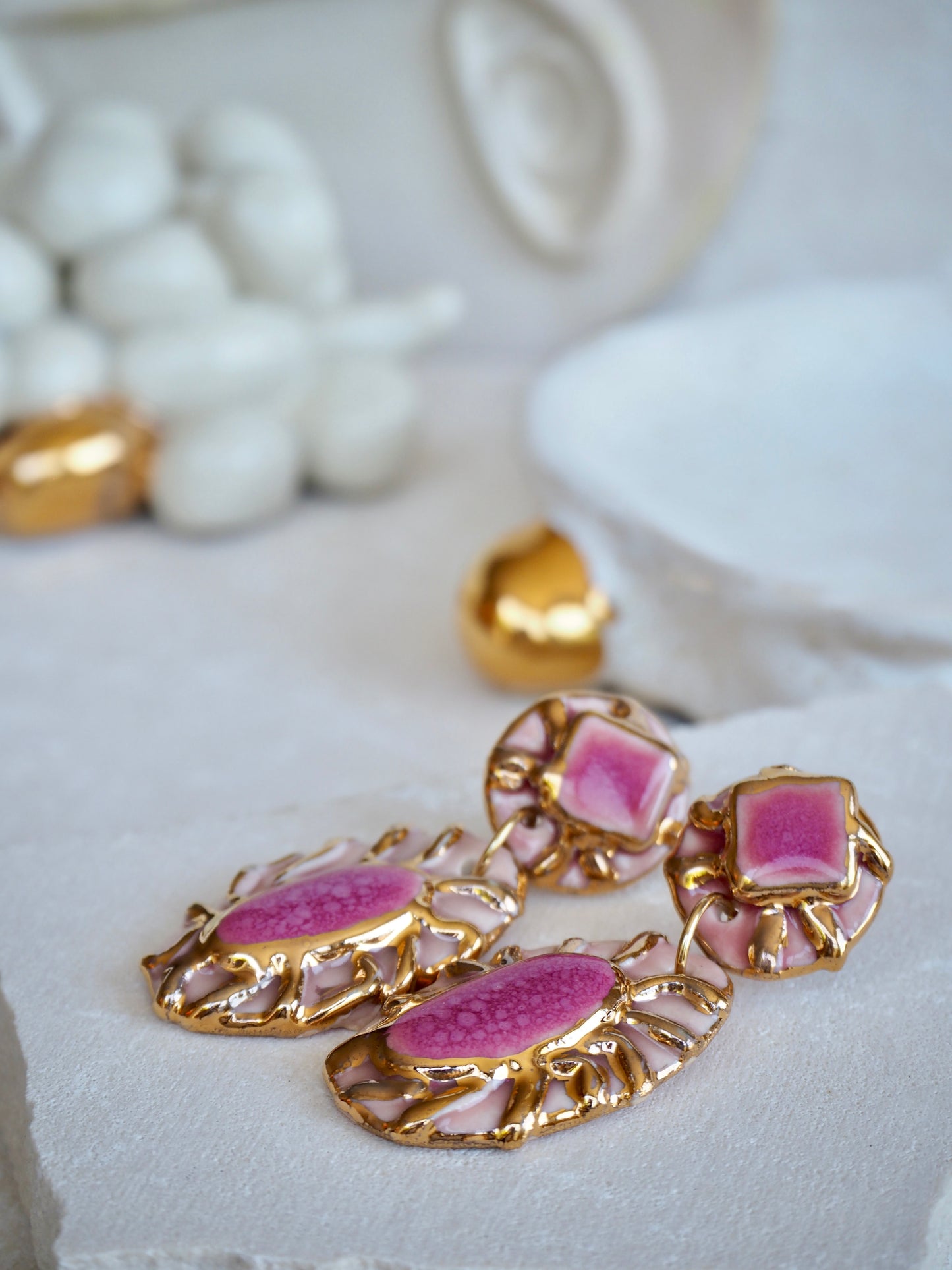 Pietra Collection handmade Porcelain Earrings coloured with Dark and Light Pink glossy glaze with 24k gold lustre details