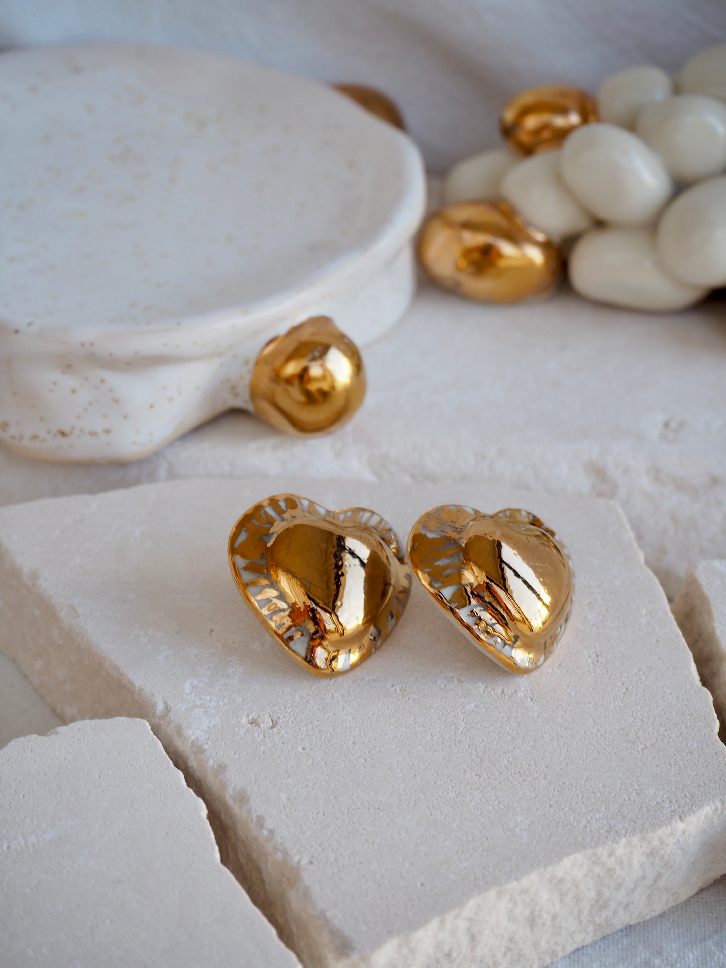 Large Handmade Porcelain Heart Stud Earrings coloured with “White” glossy glaze & almost completely cover with 24k Gold lustre