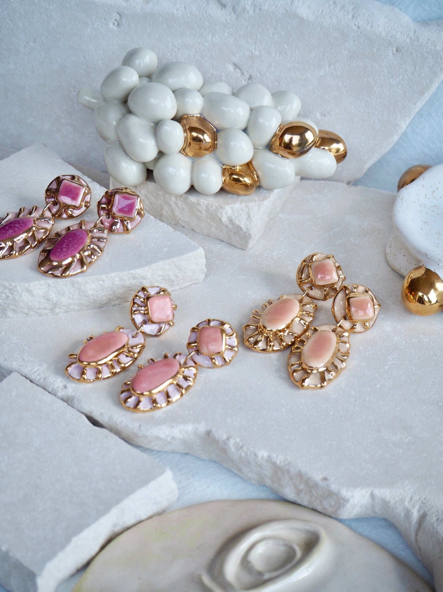 Pietra Collection handmade Porcelain Earrings coloured with Pale Peach glossy glaze with 24k gold lustre details