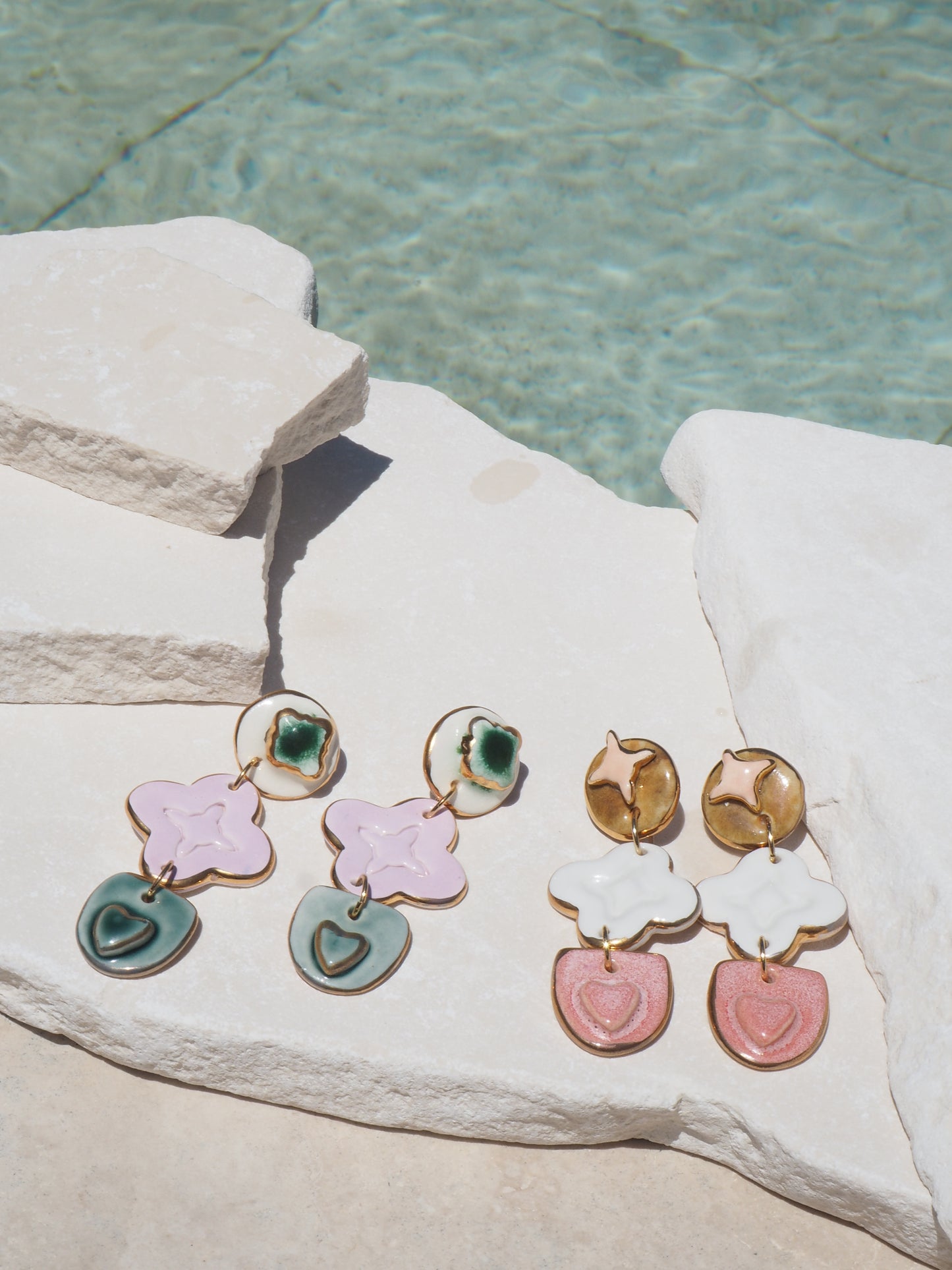 Gioia Originals “Fortunata” Handmade Porcelain Earrings in Camel, White & Pinks glossy glazes with 24k Gold lustre details