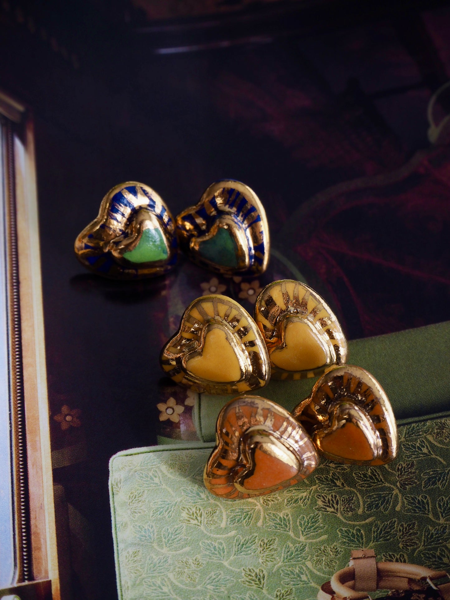 Small Handmade Porcelain Heart Stud coloured with “Caramel” glossy glaze with 24k Gold lustre rays