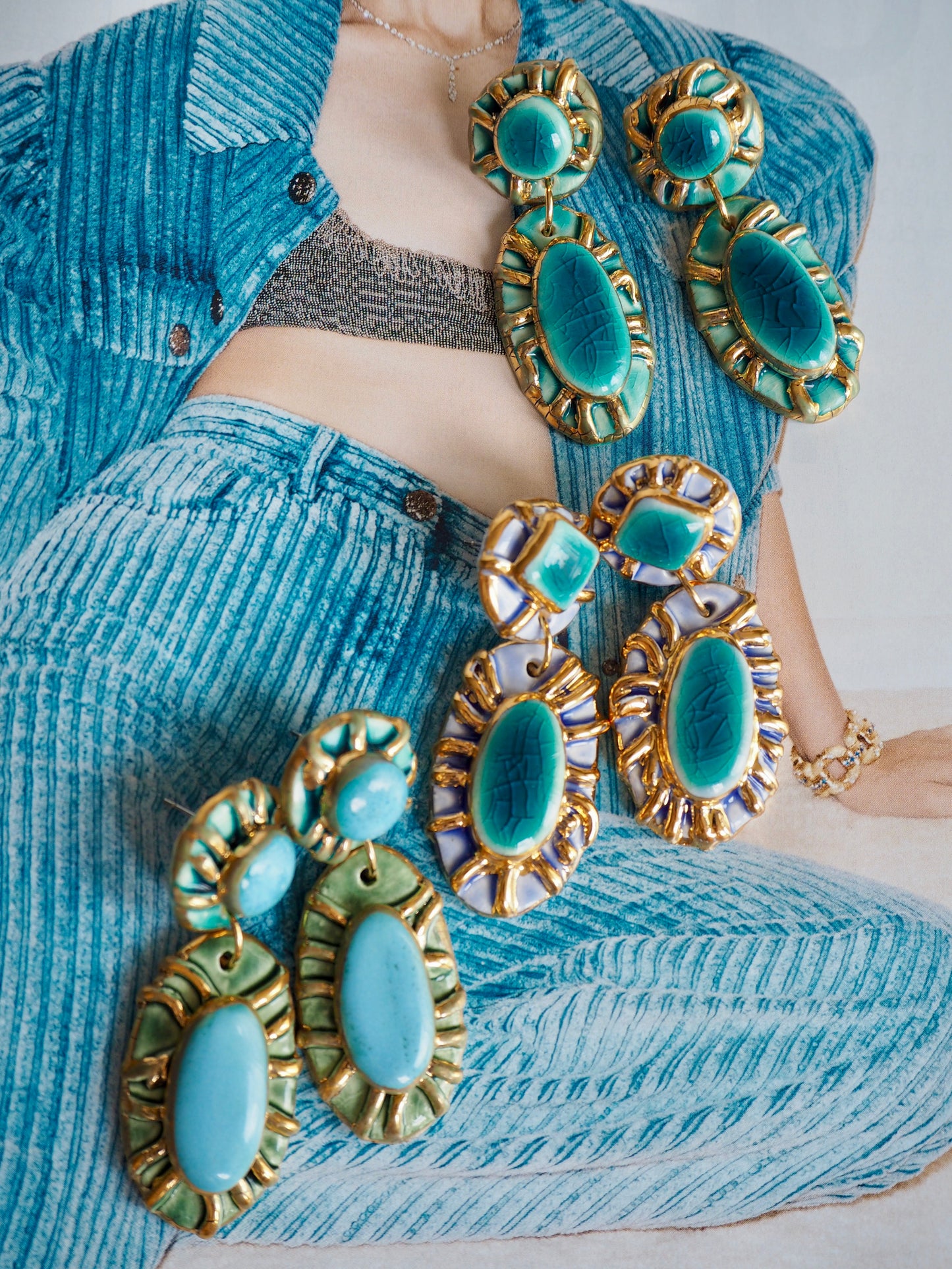 Pietra Collection handmade Porcelain Earrings coloured with Jade glossy glaze with 24k gold lustre details