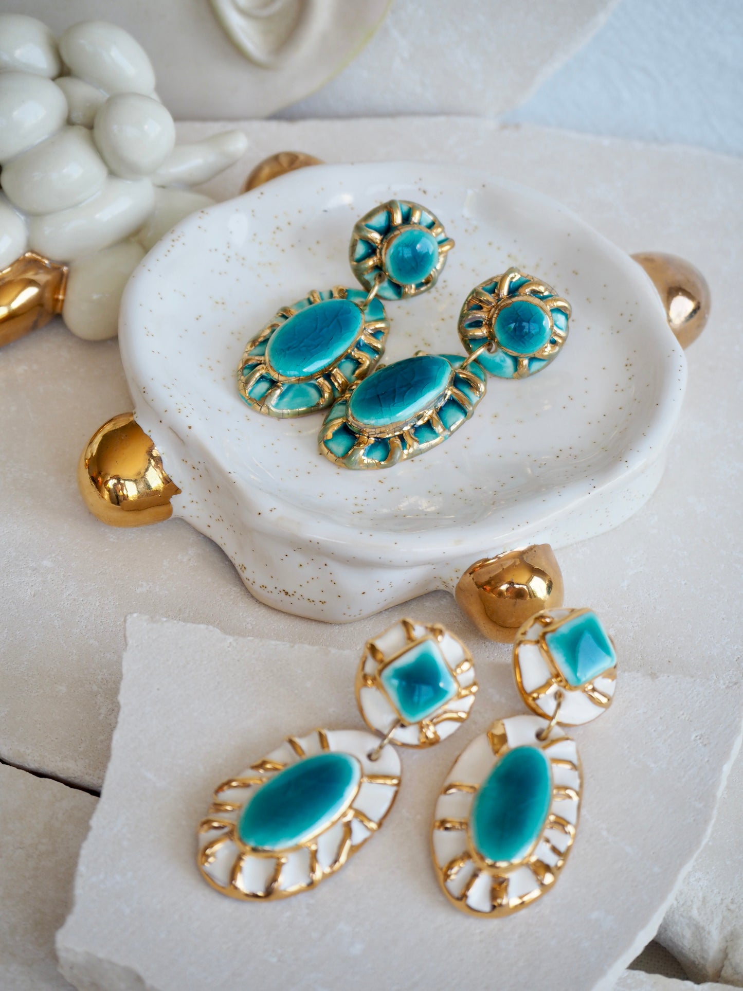 Pietra Collection handmade Porcelain Earrings coloured with Jade glossy glaze with 24k gold lustre details