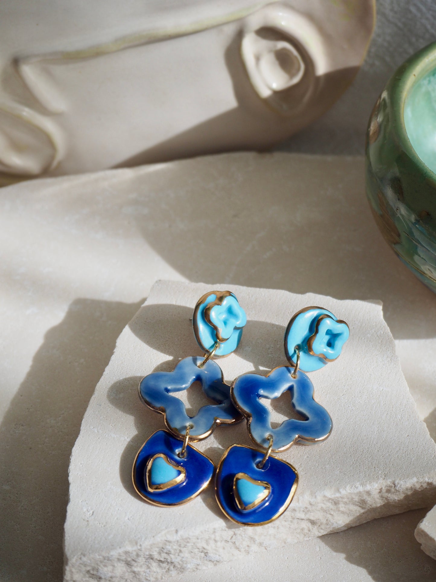 Gioia Originals “Fortunata” Handmade Porcelain Earrings in shades of Blues glossy glazes with 24k Gold lustre details