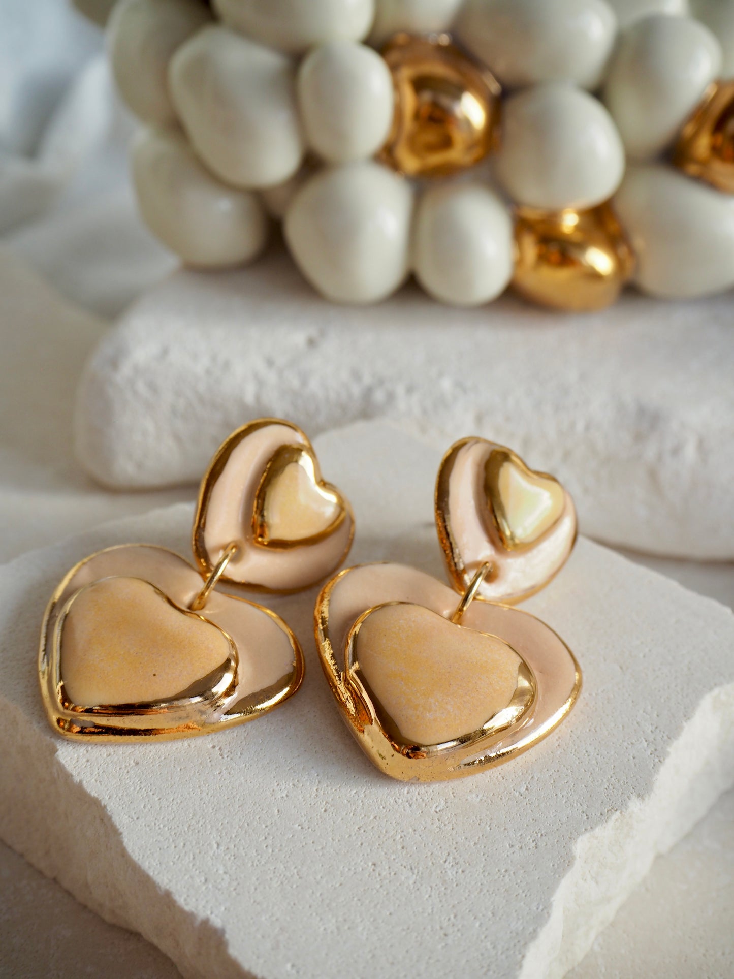 Handmade Porcelain Heart Earrings faded Yellow Hearts on Parchment underglaze glaze with 24k Gold lustre rims