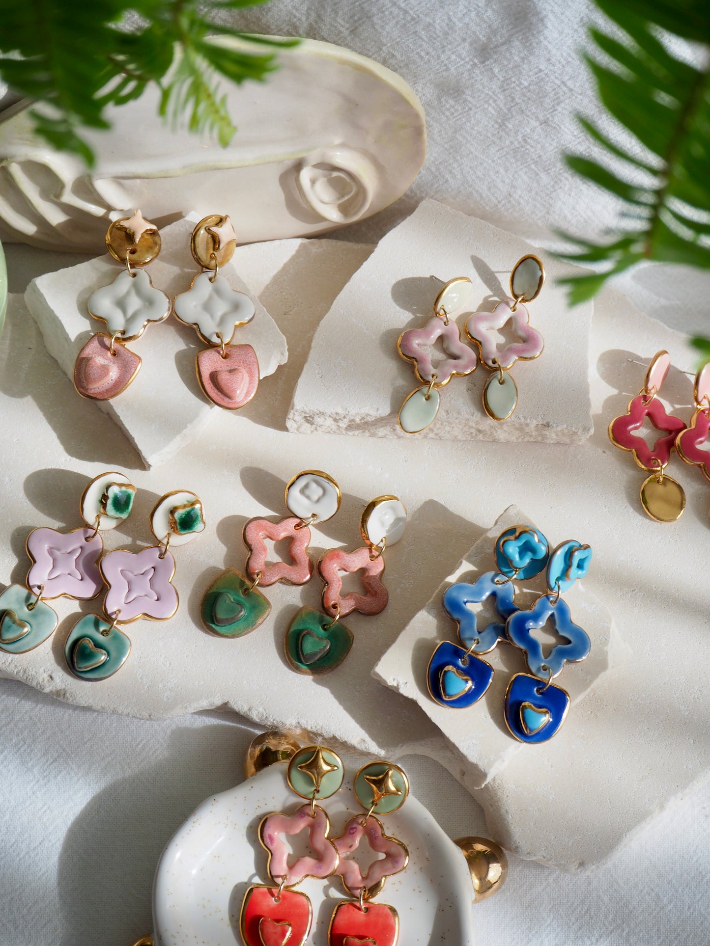 Gioia Originals “Fortunata” Handmade Porcelain Earrings in Camel, White & Pinks glossy glazes with 24k Gold lustre details