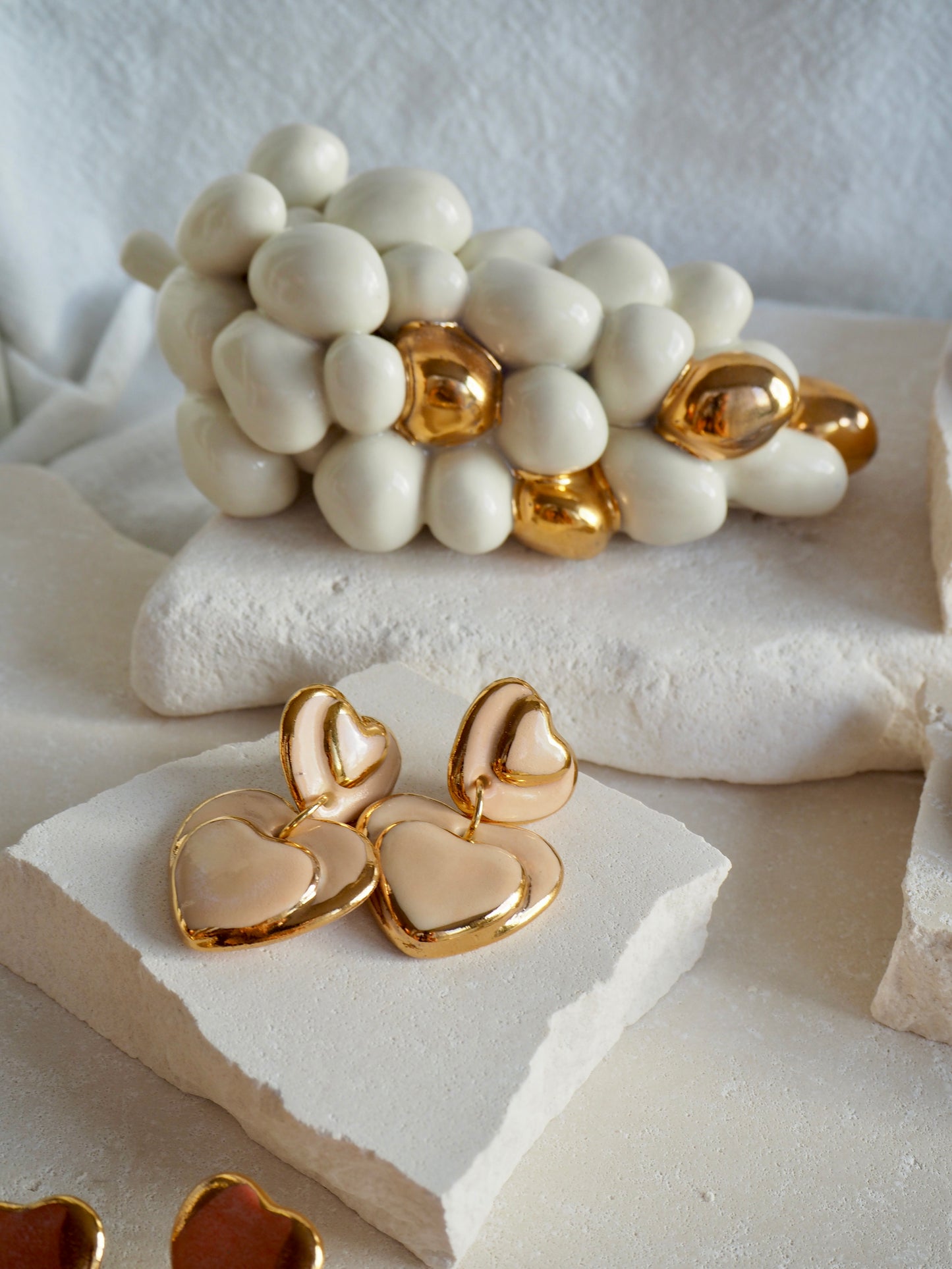 Handmade Porcelain Heart Earrings faded White Hearts on Parchment underglaze glaze with 24k Gold lustre rims