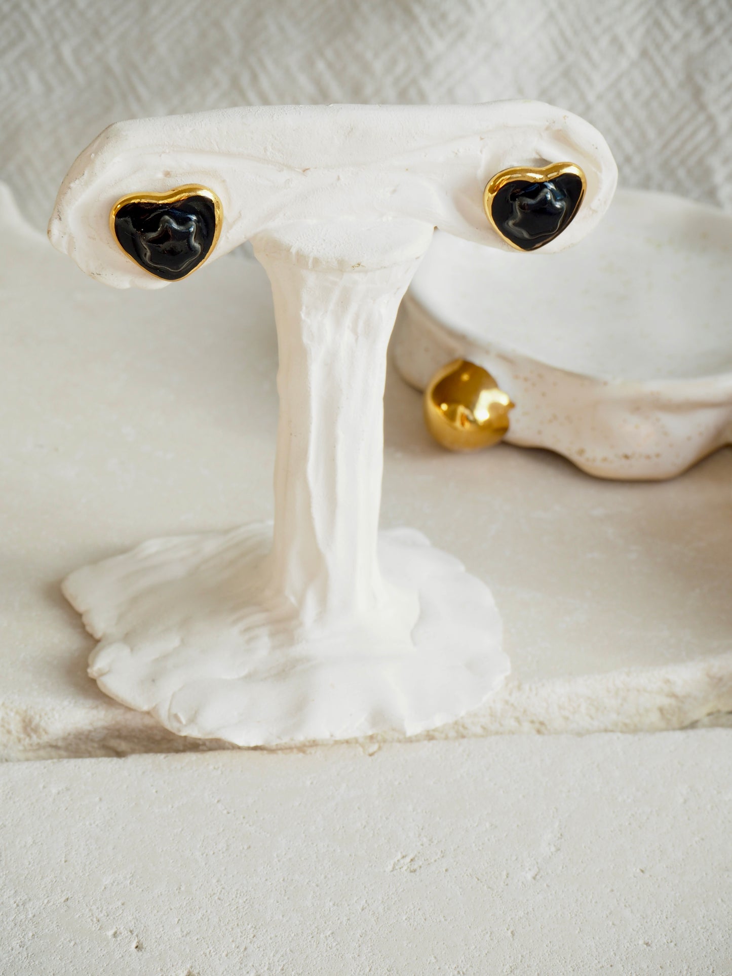 Small Handmade Porcelain Heart Stud coloured with “Black” glossy glazes with 24k Gold lustre details