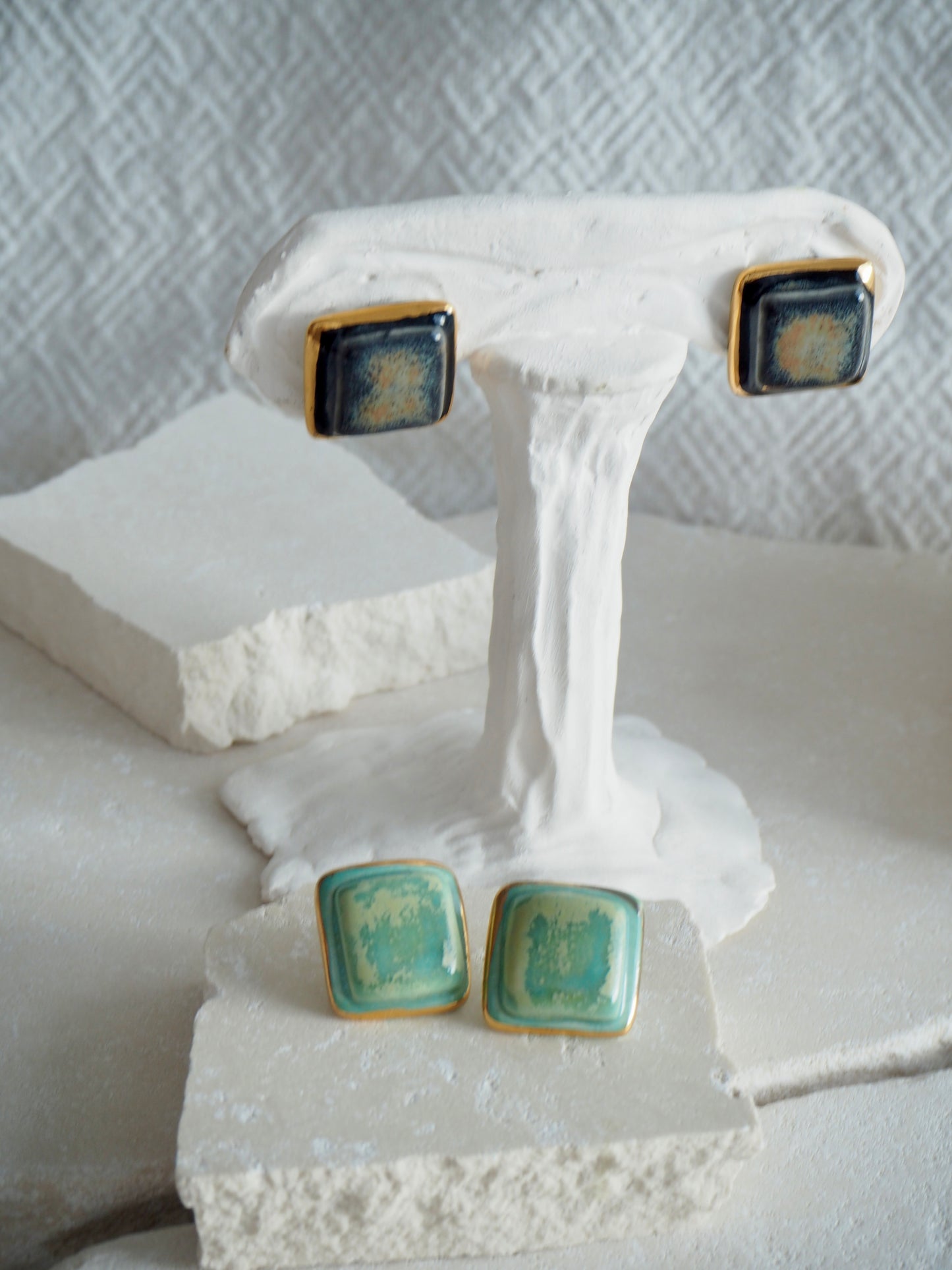 “il Quadrato” Medium Handmade Porcelain Studs coloured with “Pebble Green” glossy glaze with 24k Gold lustre details