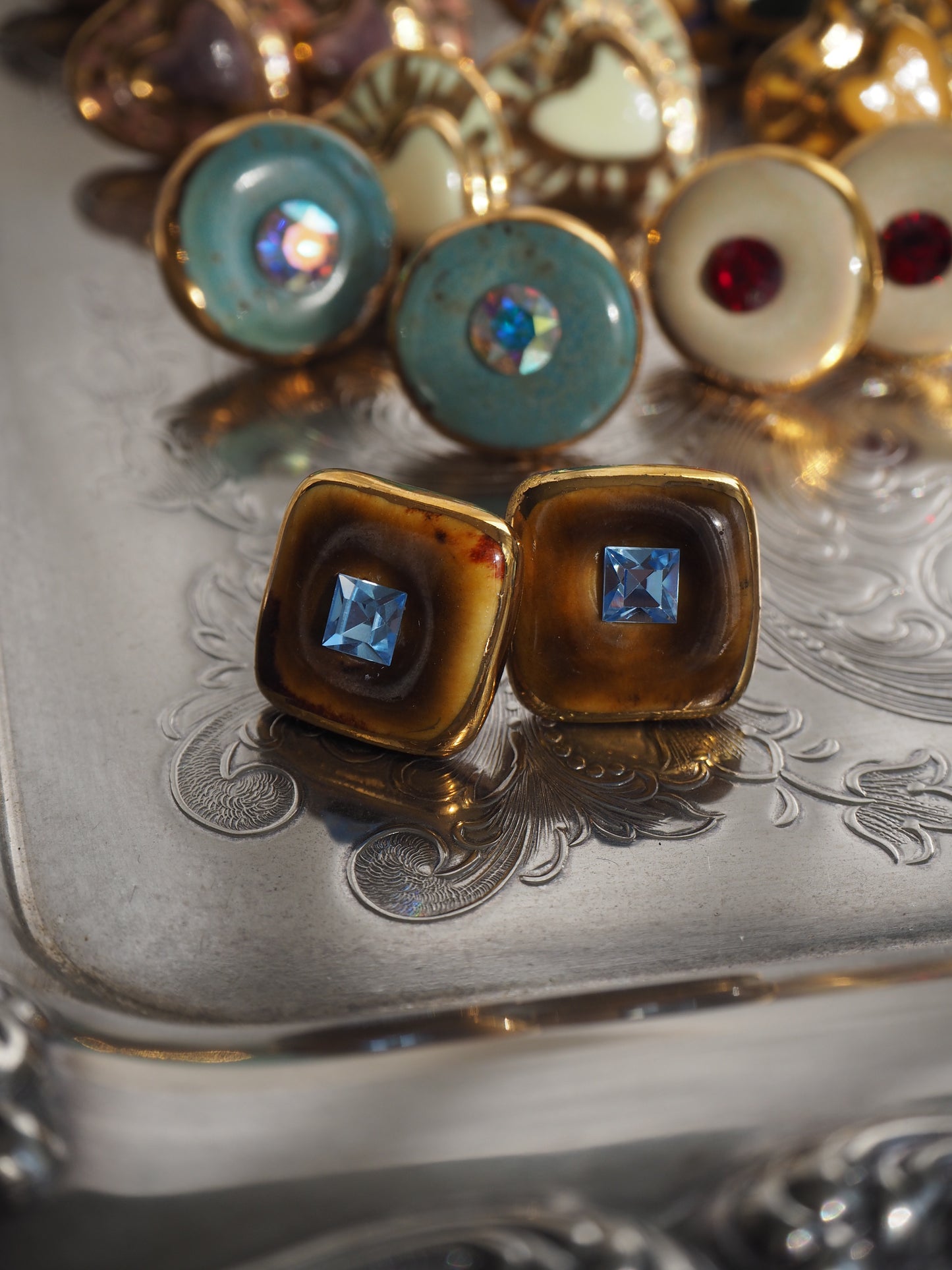 “Bigger Supernova” Warm Brown Large Handmade Porcelain Studs with 24k Gold lustre rims and an Swarovskis Crystal