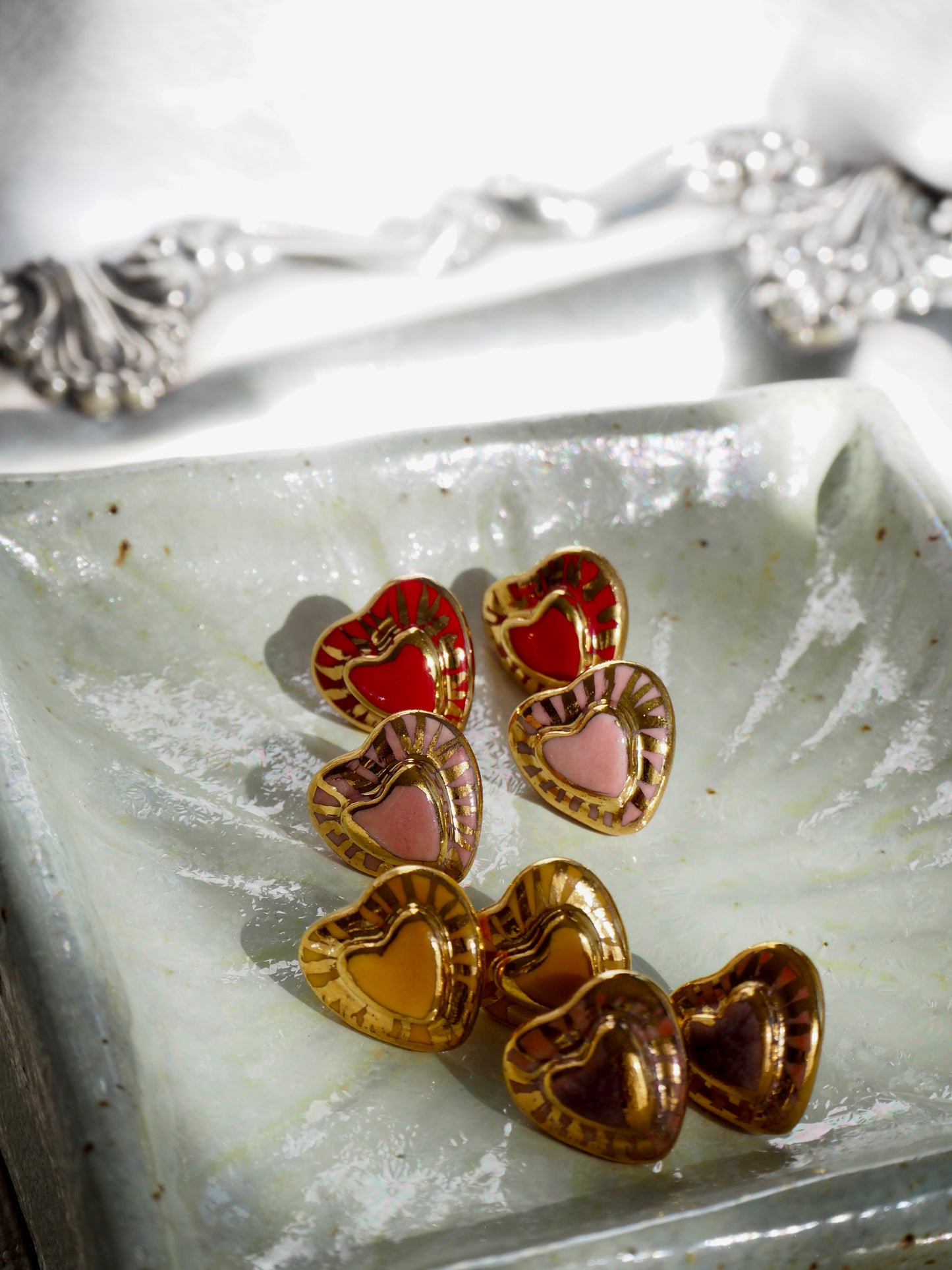 Small Handmade Porcelain Heart Stud coloured with “Caramel” glossy glaze with 24k Gold lustre rays