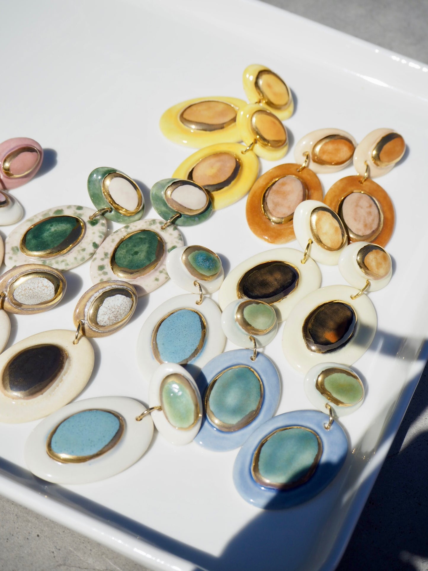 Femminilità Porcelain Earrings in  Green Tones & Light Cobalt Blue coloured glazes