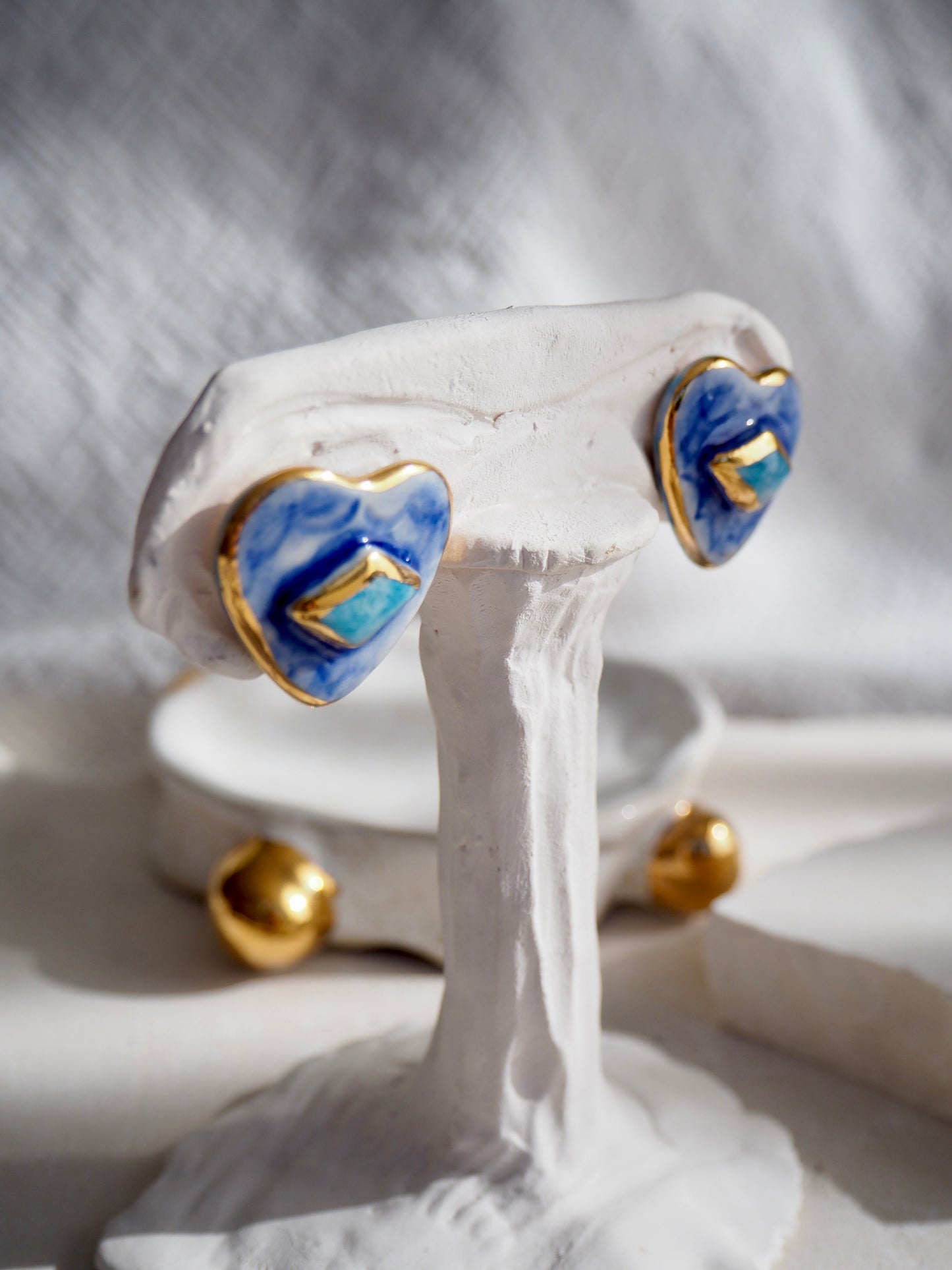 Large Handmade Porcelain Heart Stud Earrings coloured with “Shades of Blues” glossy glazes & 24k Gold lustre details