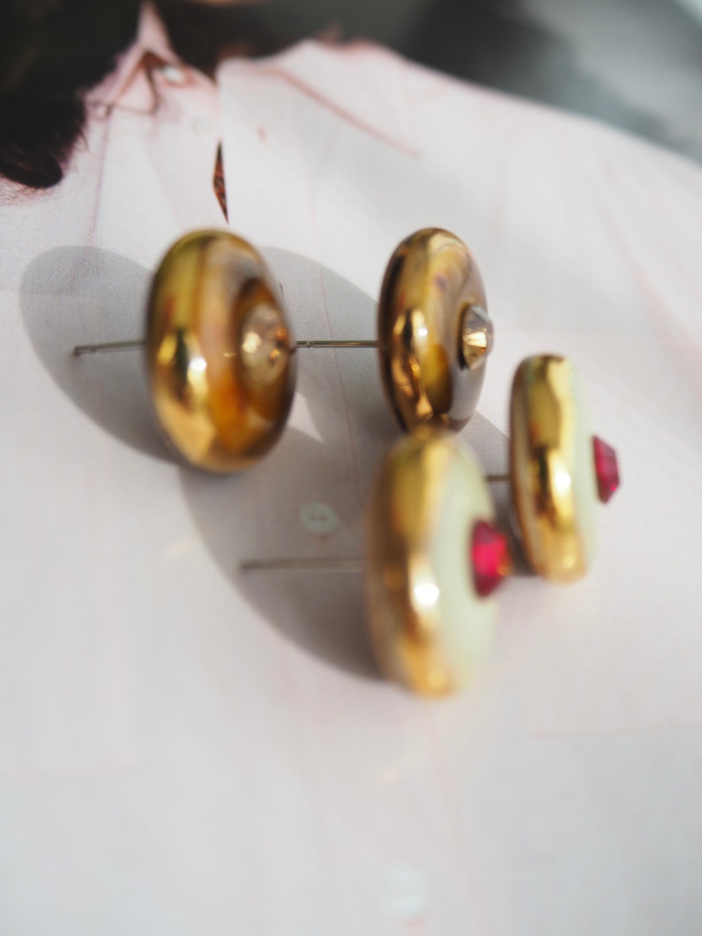 “Bigger Supernova”  Light Brown Large Handmade Porcelain Studs with 24k Gold lustre rims and an Swarovskis Crystal