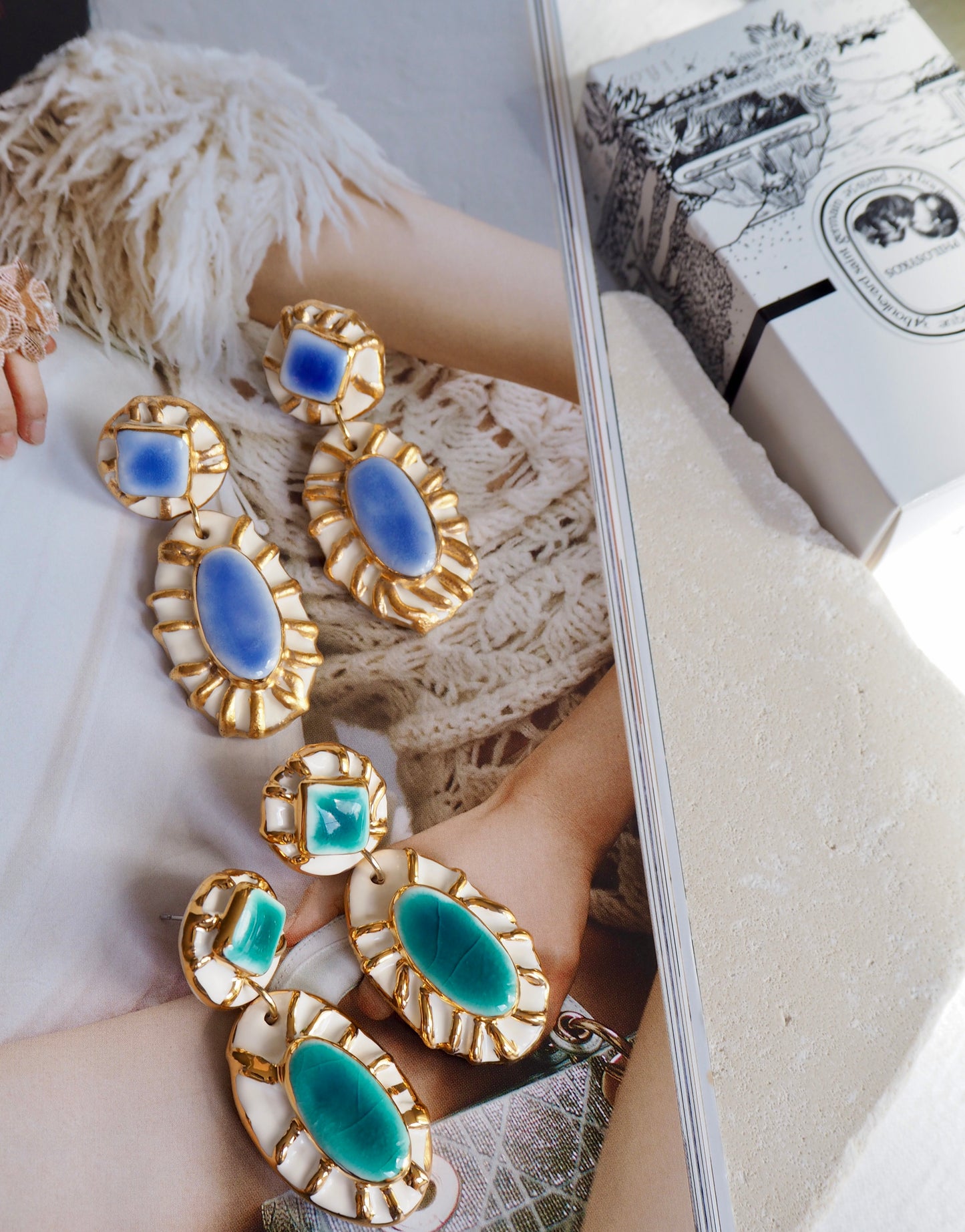 Pietra Collection handmade Porcelain Earrings coloured with Jade and White glossy glaze with 24k gold lustre details