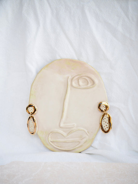 Polka Dot Gold Black and white Porcelain Earrings in “Nero” ceramic stain under clear glaze for glossy look