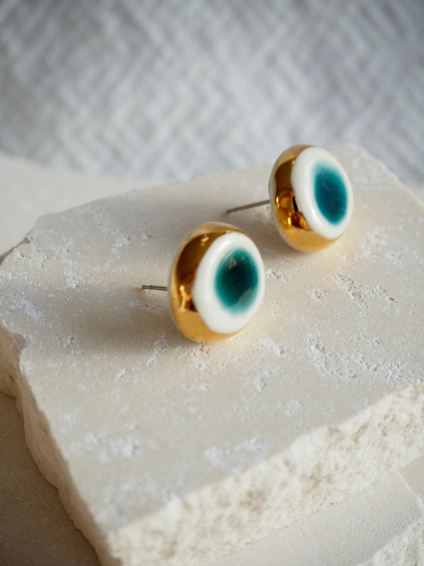 “il Quadrato’s Fontana” Small Handmade Porcelain Studs coloured with Italain Green glossy glaze with 24k Gold lustre details