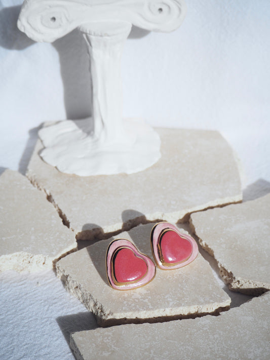 Porcelain Heart Earrings in Light Pink and Red glossy glazes & 24k Gold lustre rim