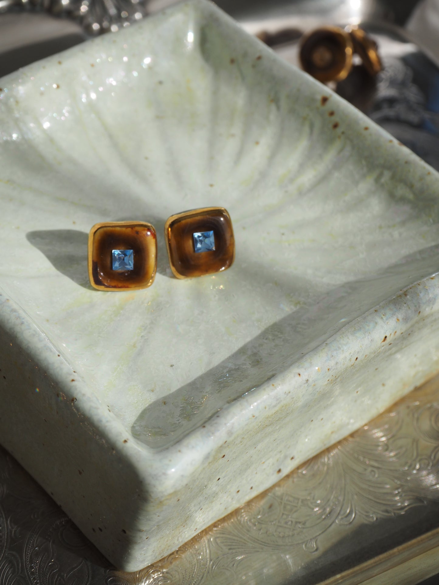 “Bigger Supernova” Warm Brown Large Handmade Porcelain Studs with 24k Gold lustre rims and an Swarovskis Crystal