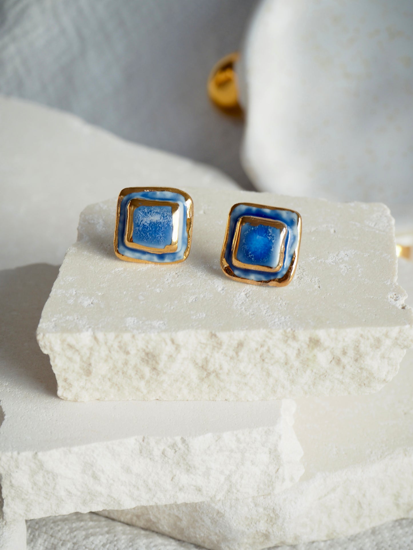 “il Quadrato” Small Handmade Porcelain Studs coloured with Dark Blue glossy glaze with 24k Gold lustre details