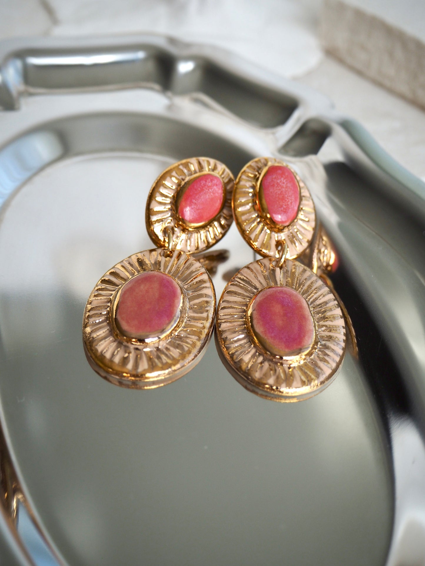 “Anima” Large Parchment underglaze & Shades of Pink coloured glazes with 24k gold lustre rays